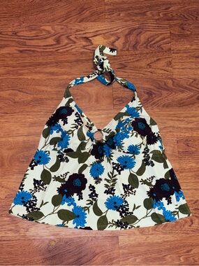 Floral Halter Tankini Top in Ivory and Blue